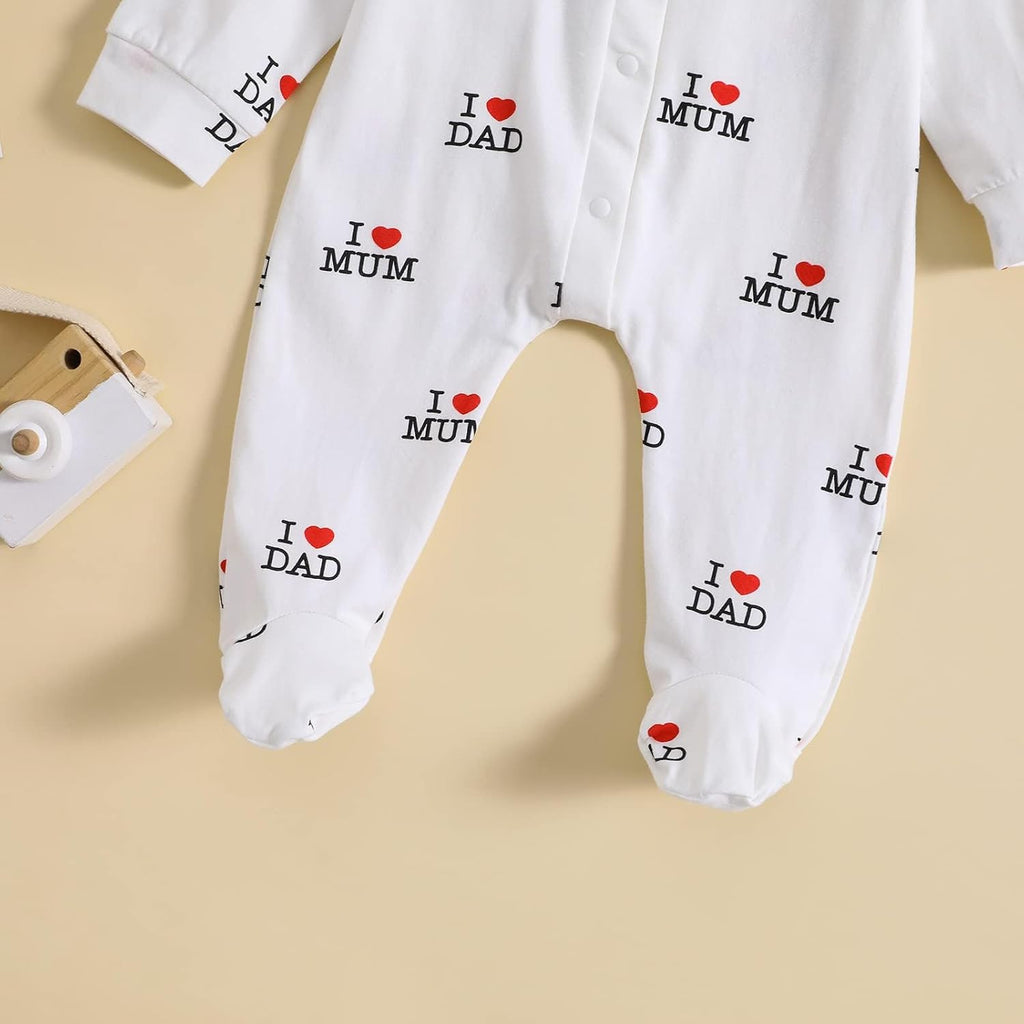 "I Love DAD Mum Lovely Solid Letters Printed Long-Sleeve Baby Jumpsuit