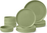 Glazed Stoneware Dinnerware, 12-Piece Set, 4 Full Place Settings, Microwave and Dishwasher-Safe, Olive