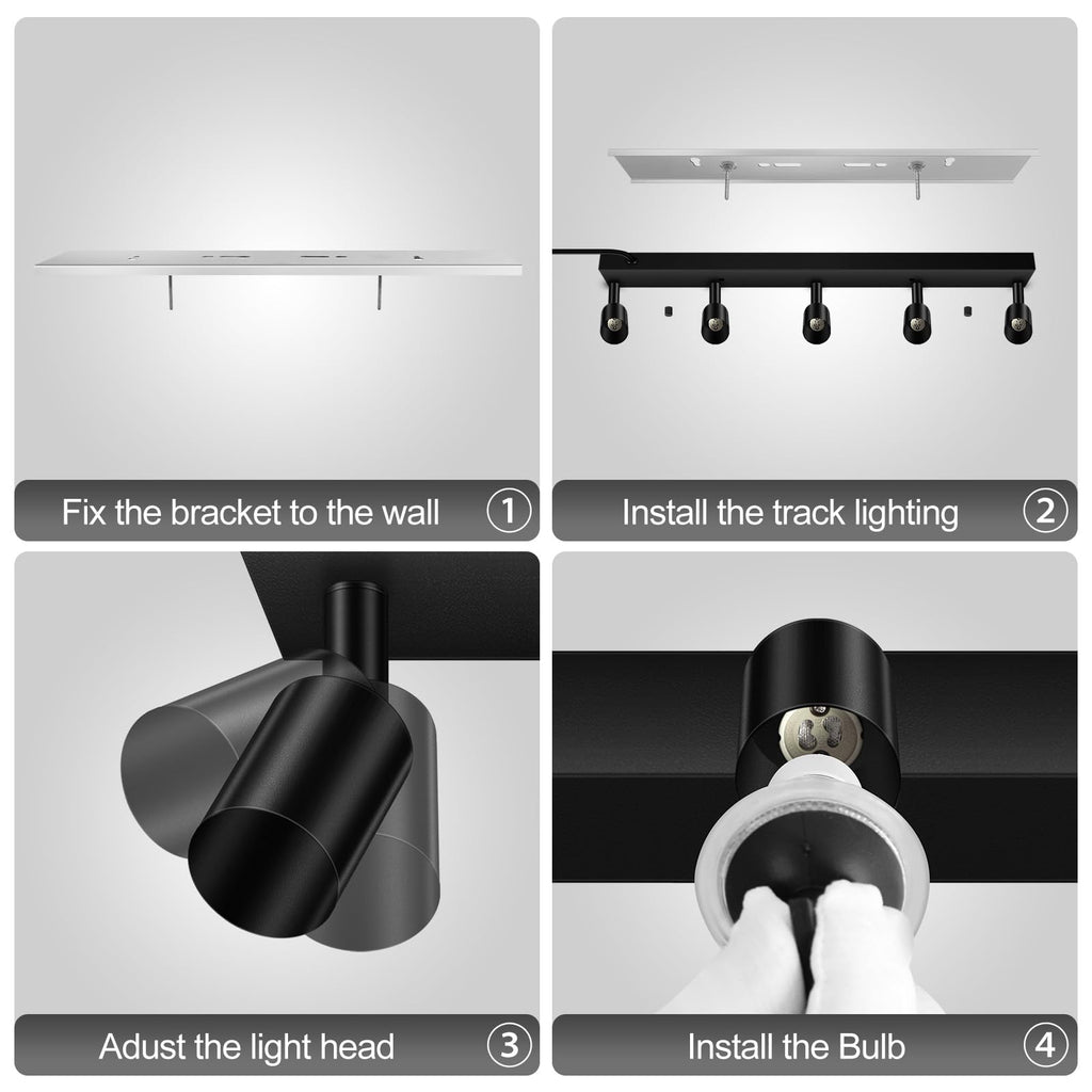 Plug in Track Light, Black, 30", 5 Way GU10 Track Ceiling Lighting