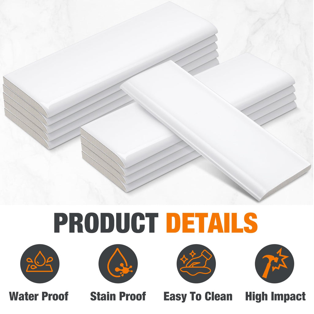 10 Pcs White Ceramic Bullnose Trim, 2 x 6 in Glossy Subway Tile