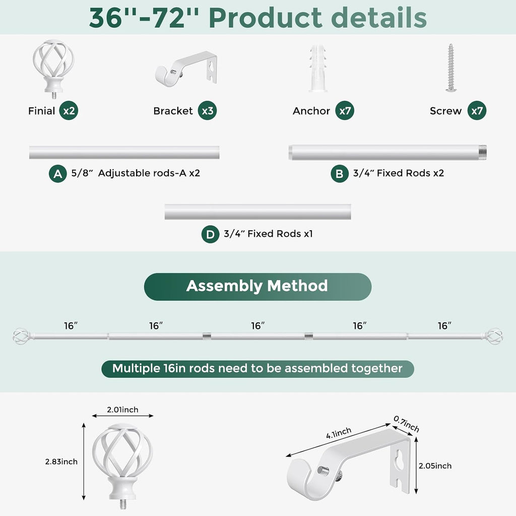 White Curtain Rod 36-72 Inch, Decorative Curtain Rods for Windows with Twisted Cage Finials, 3/4" Adjustable Heavy
