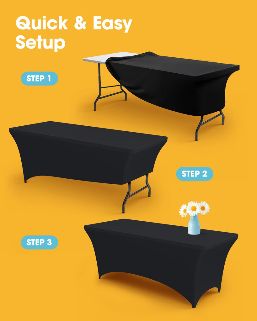 4-Pack Black Spandex Tablecloths - 72"x30"x30" Stretch Fitted Table Covers for 6ft Rectangle Folding Tables