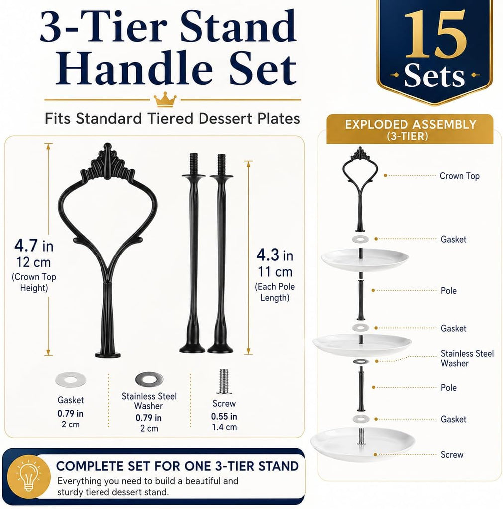Tiered Tray Hardware Kit, Crown Handle Black 3-Tier - Set of 15