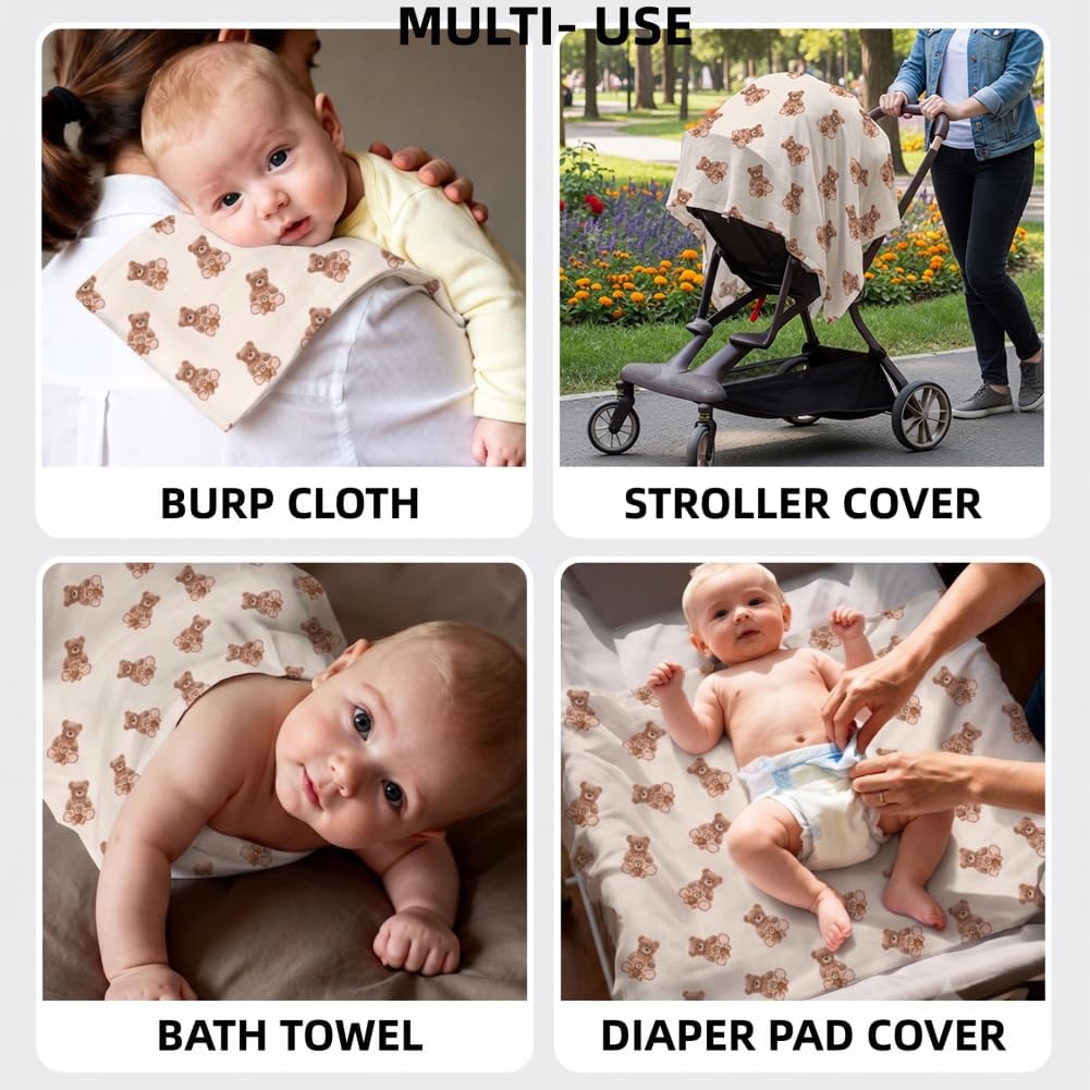 Muslin Swaddle Blankets Bear 100% Cotton Breathable Receiving Blankets Soft and Large 47 x 47 Inches Newborn