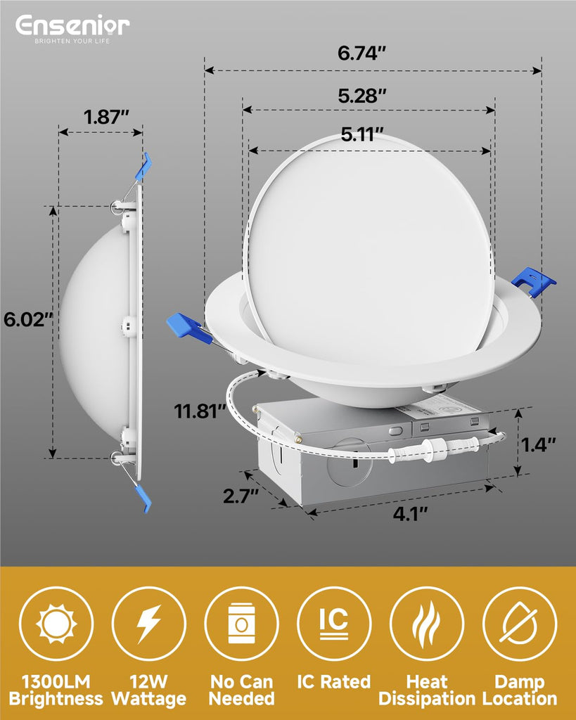 4 Pack 6 Inch LED Eyeball Gimbal Recessed Light, 5CCT Dimmable