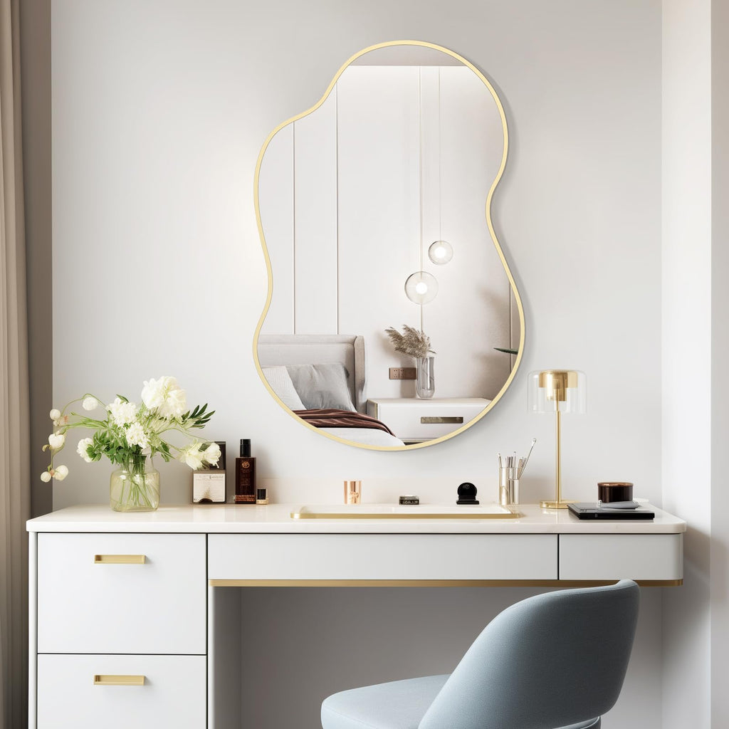 Gold Asymmetrical Mirror, Modern Irregular Wall Mirror with Aluminum Frame, and Entryway 36" H x 24" W (Gold)