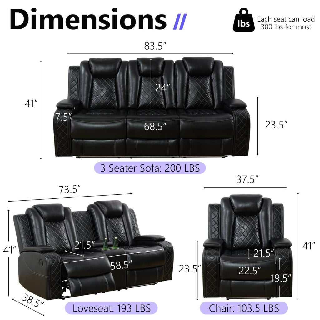 Power Reclining Sofa Set, 3PCS Living Room Set with Recliners, Luxury Recliner Sofa & 2 Chairs with