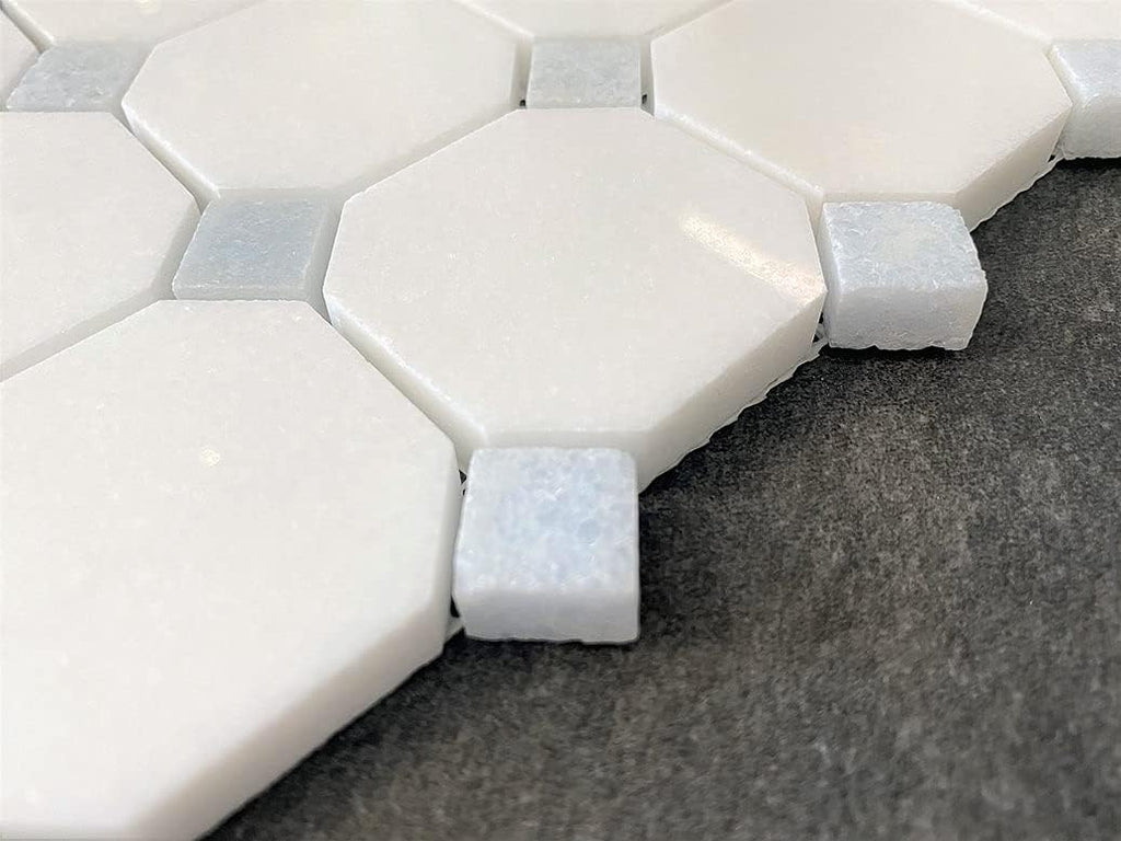Octagon Thassos White with Sky Blue Dots Polished Marble Mosaic Floor Wall Tile (Box of 5 Sheets) Backsplash