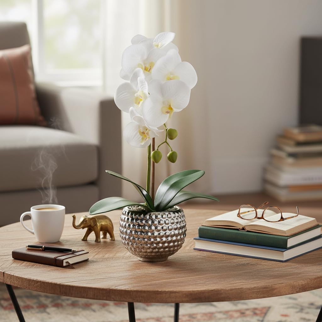 Fake Flowers with Vase, Large Orchids Artificial Flowers in Silver Pot Fake Orchid Fake Plant in Pots Artificial