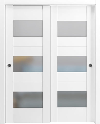 Sete 6003 Bypass Interior Doors with Frosted Glass, MDF, 84x80, White, Modern Style Hardware Include