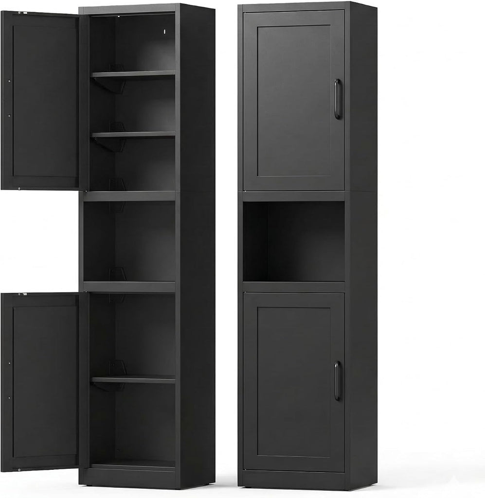 67" Metal Bathroom Storage Cabinet, Black | Tall Narrow Design, 2 Doors & 6 Shelves, Slim Skinny Cabinet, Multi-Room