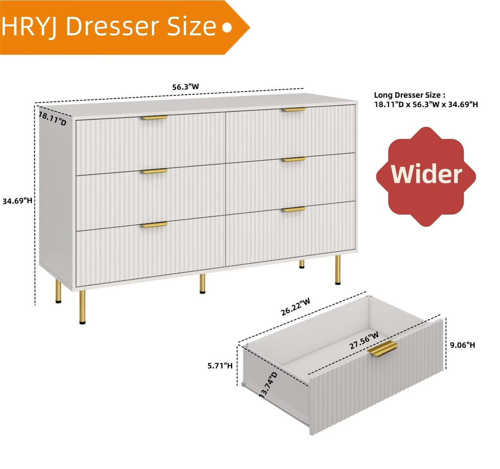 56" Wide Modern White Fluted 6 Drawers Dresser with Gold Handle