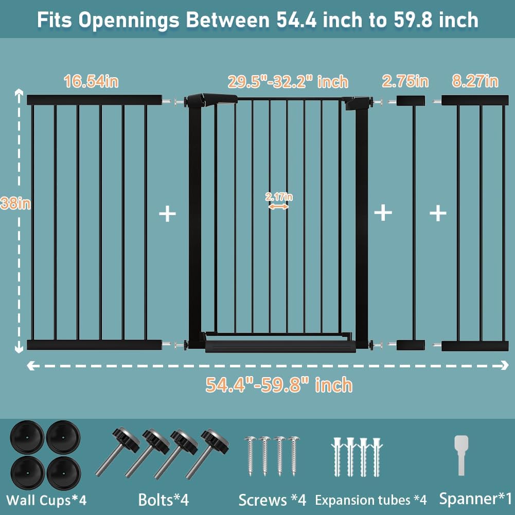 38" Extra Tall Pet Cat Gate, 54.4"-59.8" Extra Wide Long Dog Pet Gate Indoor, Safety Child Toddler Gate for Kids