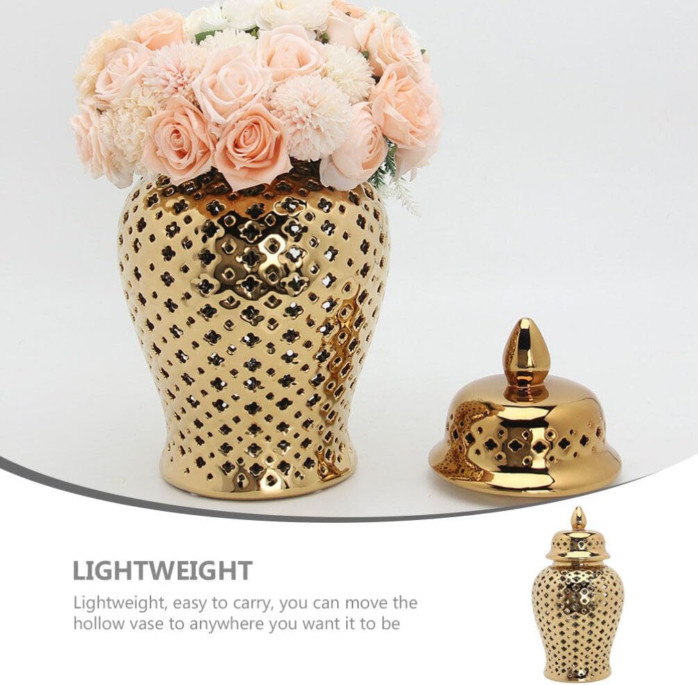 Ceramic Ginger Jar with Lid Lattice Decorative Temple Jar Cut Out Ceramic Vase and Kitchen Decoration Golden 22x10cm