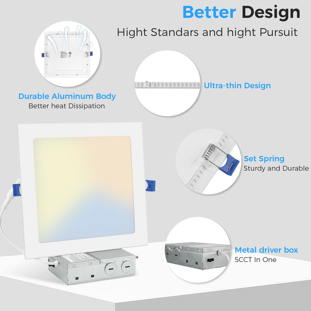 12 Pack 6 Inch Square LED Recessed Lighting, 5CCT, 15W, Dimmable