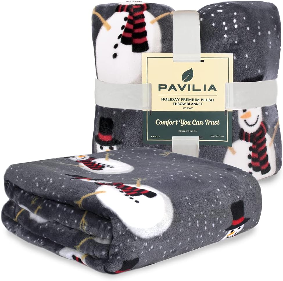 Christmas Snowman Throw Blanket | Grey Christmas Fleece Blanket | Soft, Plush, Warm Winter Cabin Throw, 50x60 (Grey