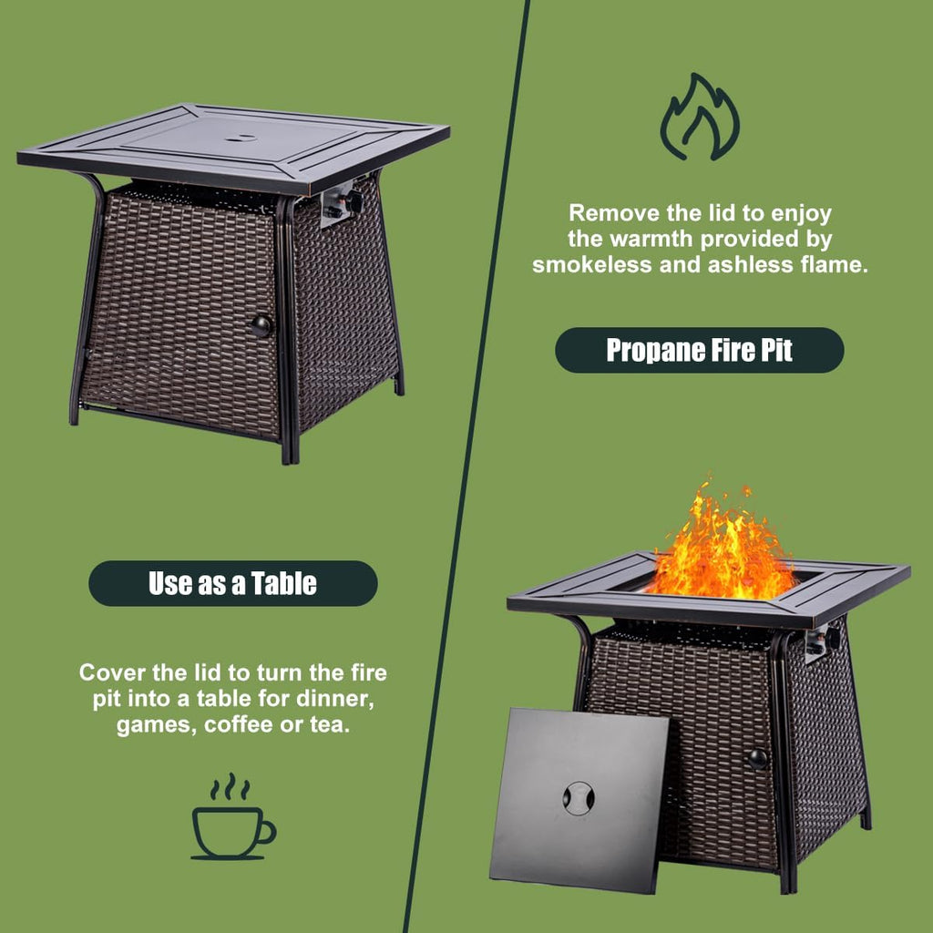 28 inch Wicker Propane Fire Pit Table,Gas Fire Pits Table for Outside,50000 BTU Propane Firepit with Lid &Lava