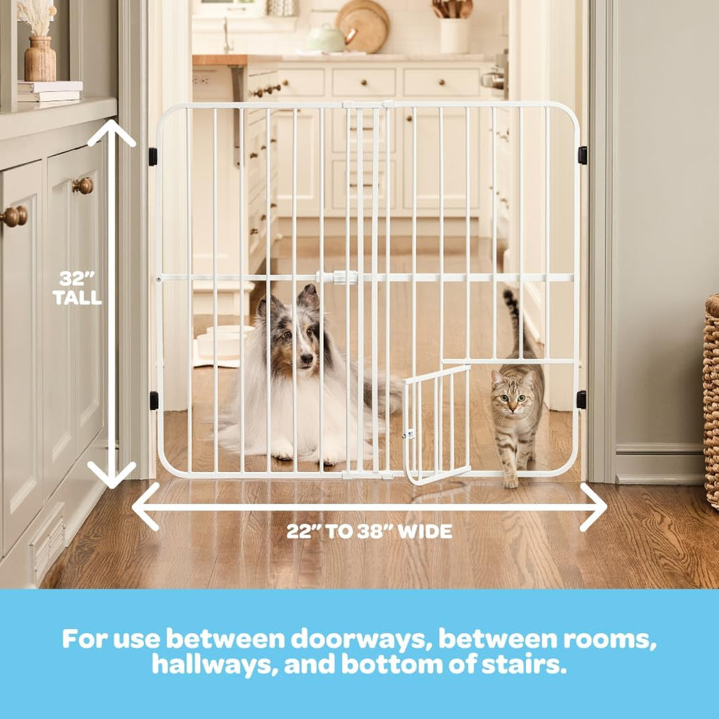 32" Extra Tall Dog Gate with Small Pet Door, Metal Pet Gate for Doorways & Bottom of Stairs, Expands 22"-38" Wide