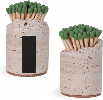 2-Piece Travertine Match Holder with Striker Modern Stone Jar - Set of 2