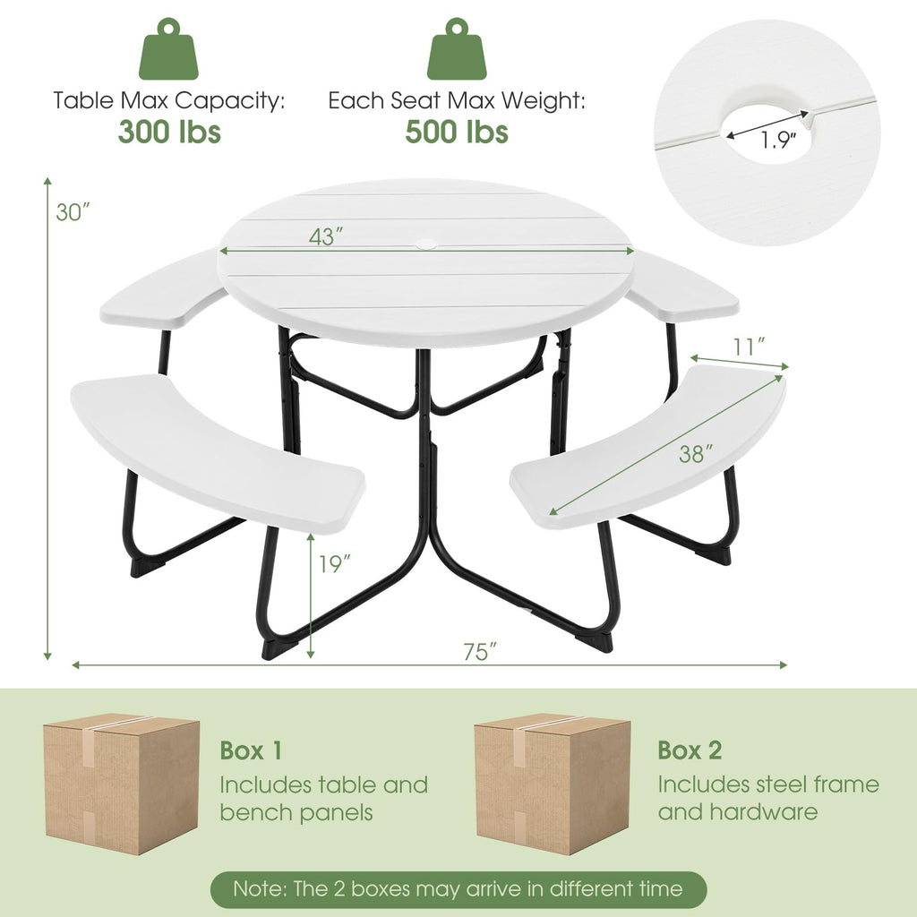 Picnic Table Set for Up to 8 Persons, Round Outdoor Table and Bench Set with Umbrella Hole, HDPE Top & Metal Frame