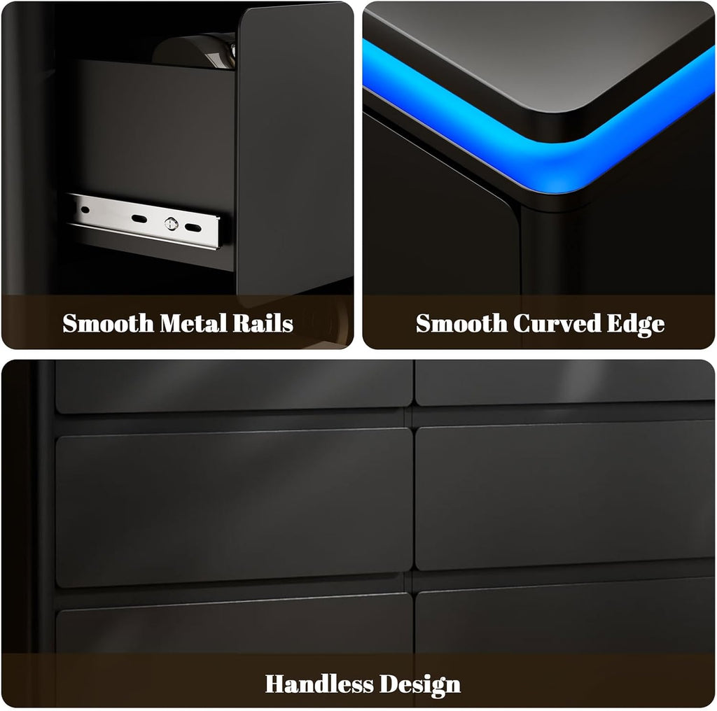 6 Drawer Dresser , 47.2" Black Chest of Drawers w/LED Lights | Double Wooden Closet Storage Cabinet with Charging