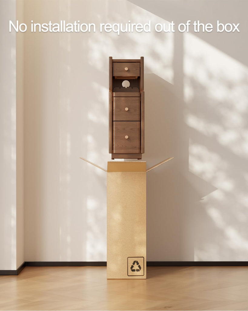 Solid Wood Narrow Nightstand with 3 Drawers, Modern Walnut, Fully Assembled