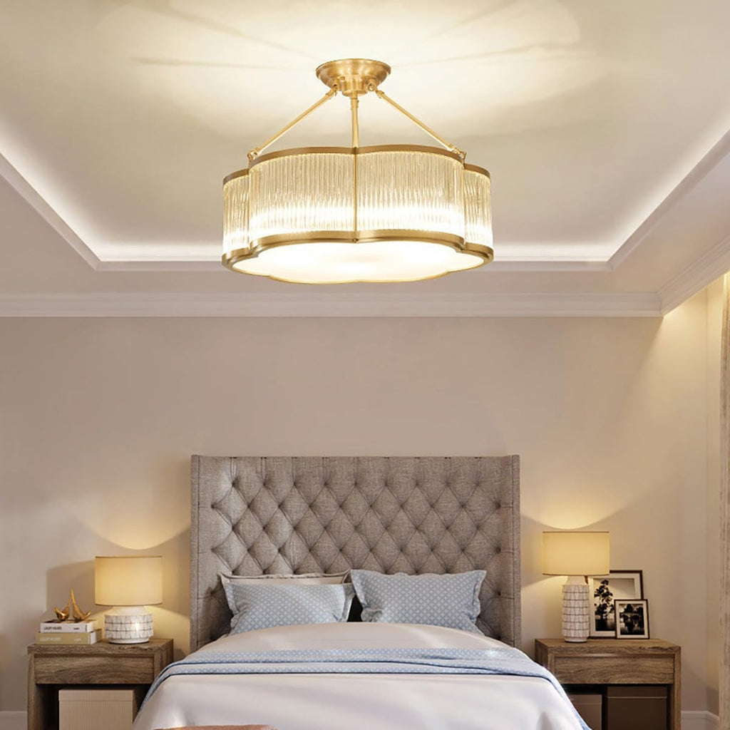 24 in Large Semi Flush Brass Chandelier for Living Room Bedroom | 6-Bulbs Design,Gold Ceiling Light,Art Deco Light