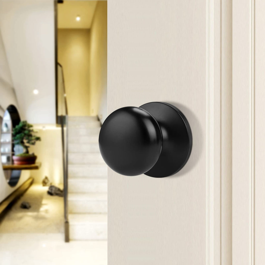 Door Knobs Interior, Passage Flat Ball Handle Closet Door knob French Doors, Black 1 Pack Universible Levers, Solid