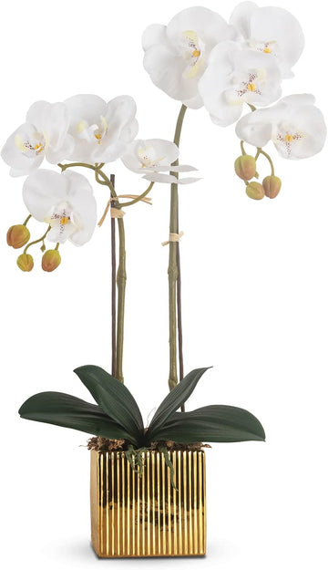 Artificial Orchid Flowers Potted in Ceramic Pot, White Faux Phalaenopsis Orchids for Table Centerpiece, Realistic