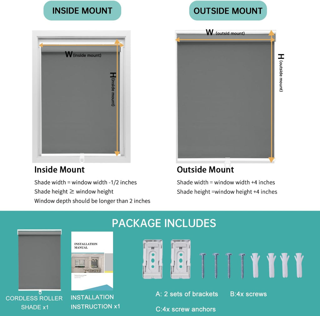 Blackout Roller Shades Cordless for Windows, 100% Room Darkening Window Blinds, Thermal Insulated UV Protection, Easy