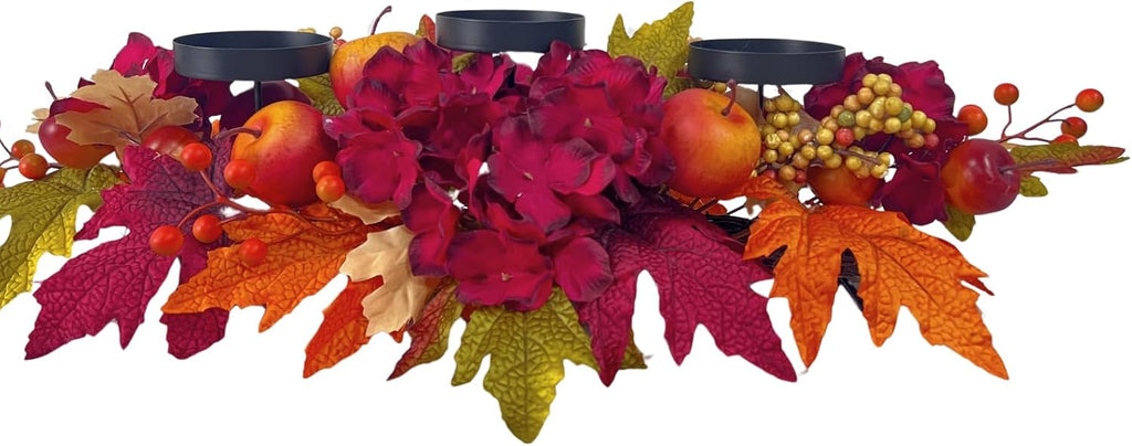 26 Inch Fall Candle Holder Centerpiece with Hydrangea and Apples | Three Candle Cups, Burgundy Hydrangea and Faux