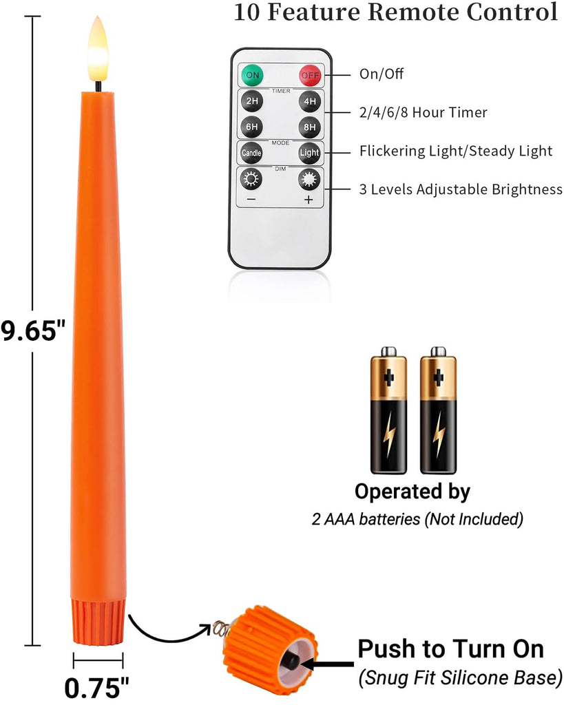 Fall Decor, Orange Flameless Taper Candles with Remote and Timer, Real Wax