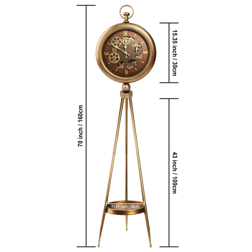 Real Moving Gears Triangle Floor Clock, Decorative Metal Grandfather Clock with Storage Tray, European Retro
