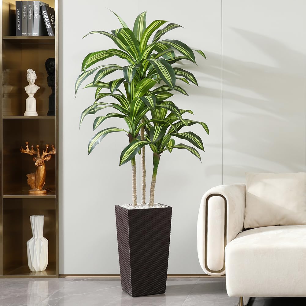 Artificial Dracaena Tree, 6FT UV Resistant Fake Plants with Brown Taper Planter, Lifelike Tall Artificial Floor