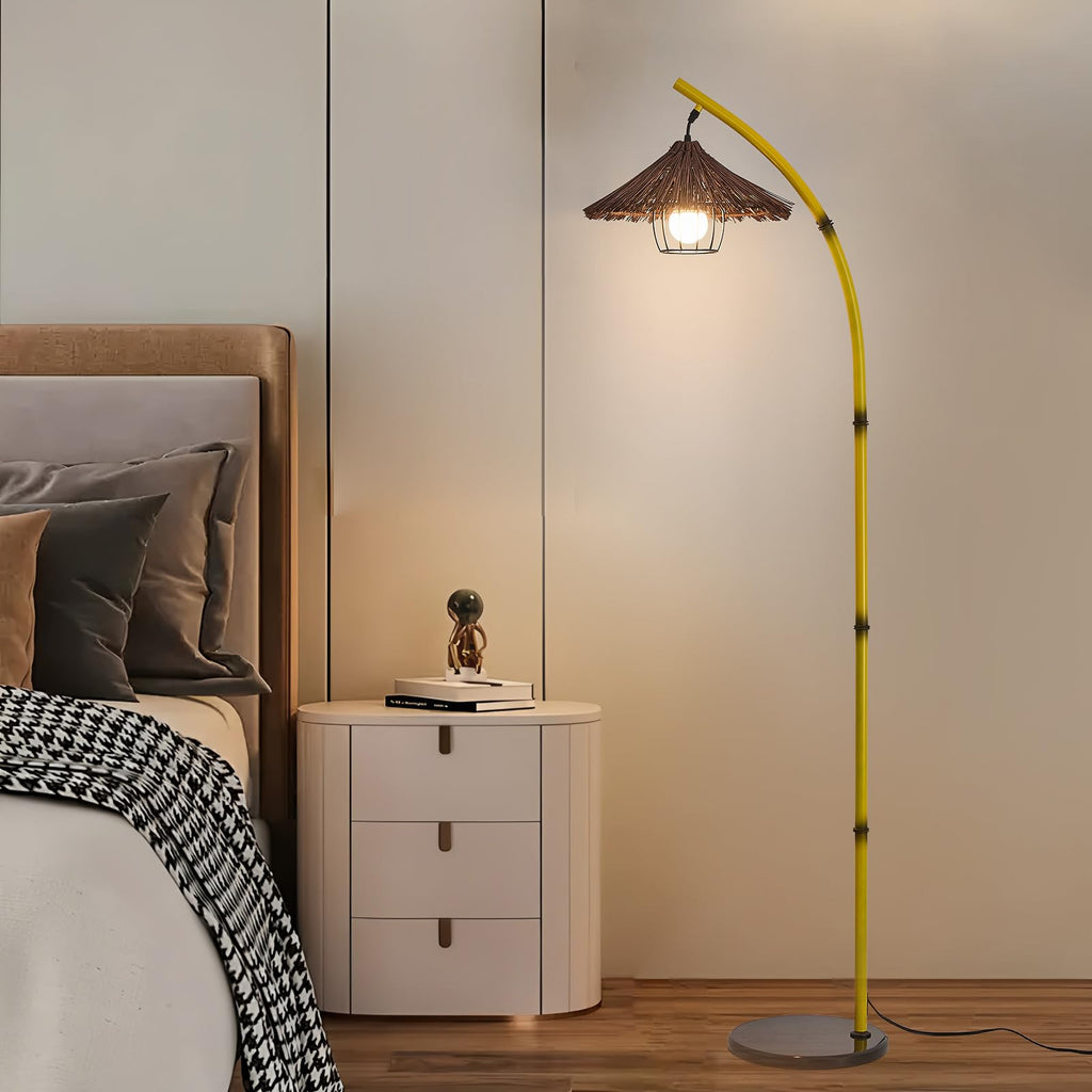 Bamboo Floor lamp Mid Century Rattan Retro Floor lamp Bohemian, Arc Floor Lamps Tall Reading Lamps Antique Rattan