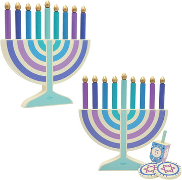 Mini Pastel Hanukkah , 2-Pack 5" Inch Children Wooden Chanukah Set with Removable Wooden Candles, 3" Inch Dreidel - Set of 2