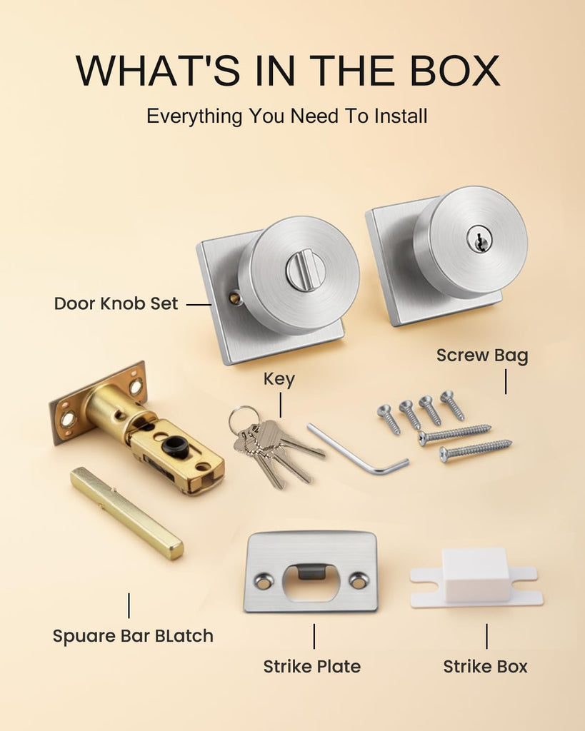 Brushed Nickel Entry Door Knob with Lock and Key, Square (1 Pack)