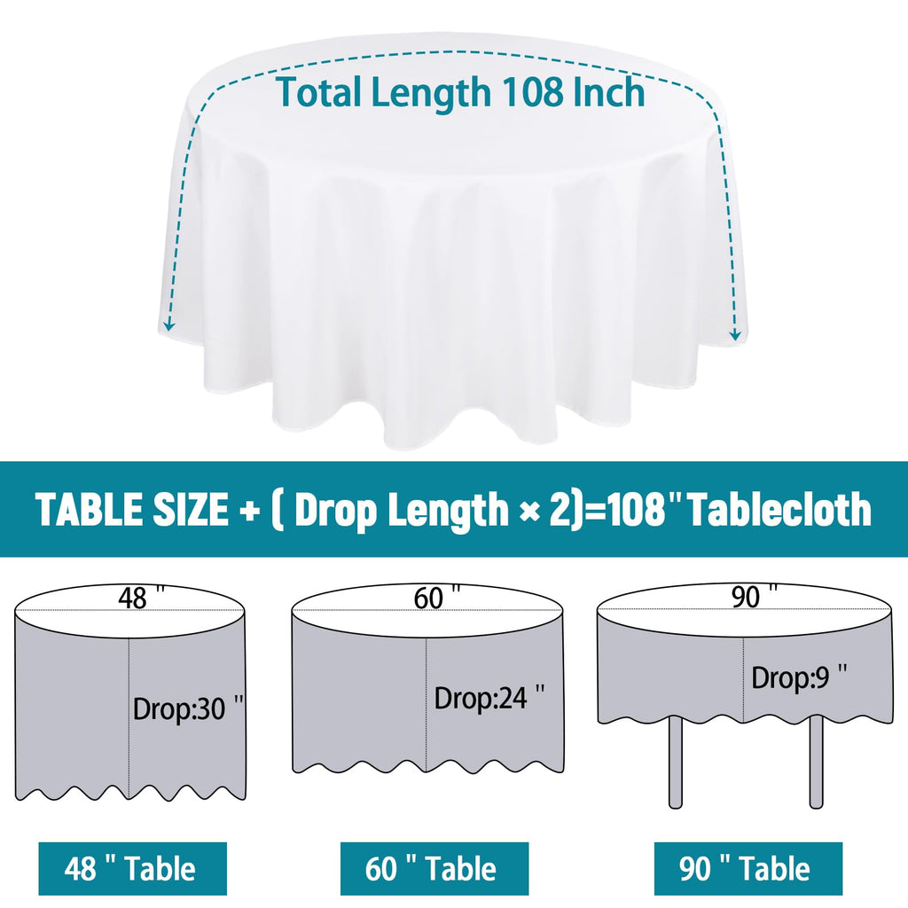 108 Inch Round Tablecloth White Polyester Fabric Table Covers 6 Pack