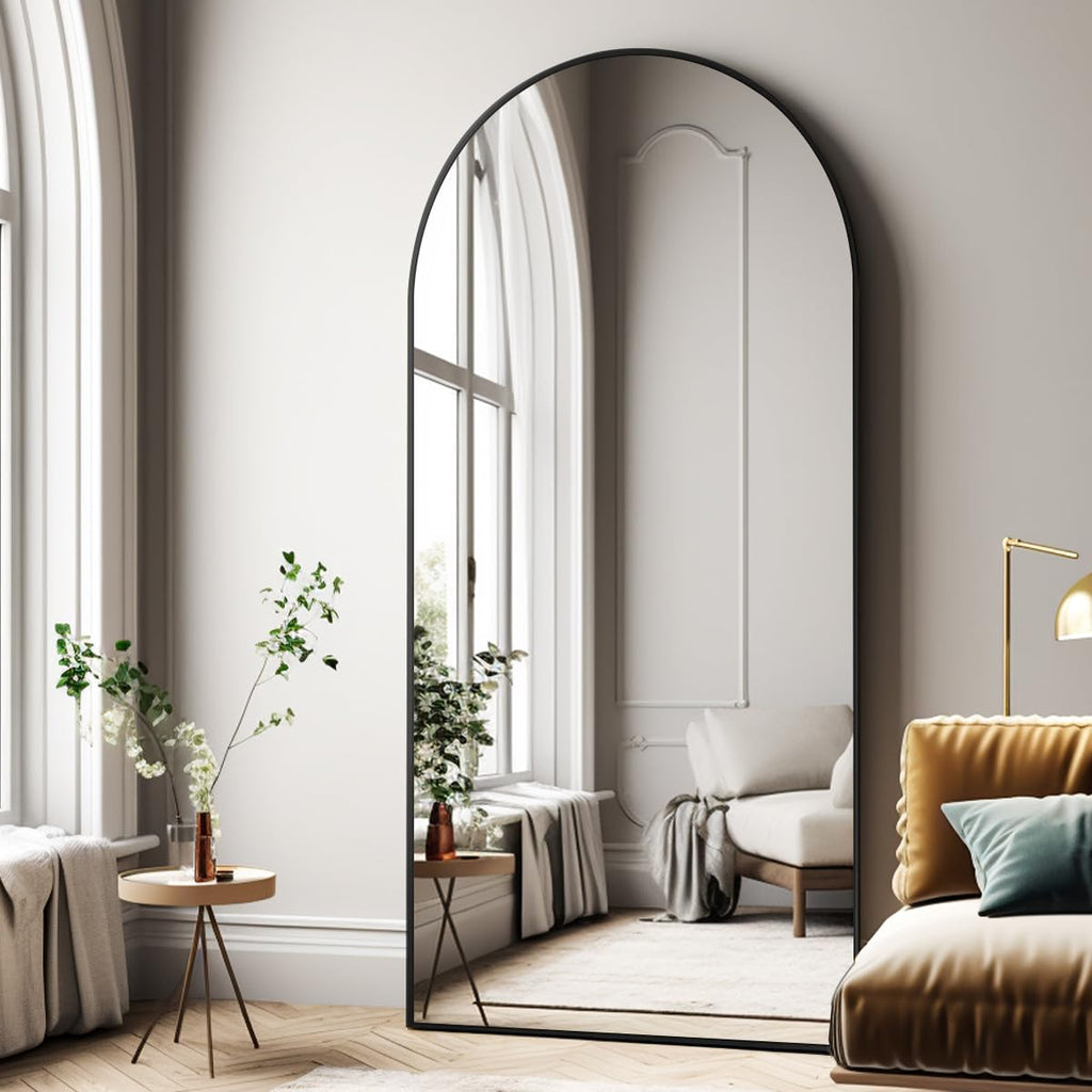 Oversized Full-Body Mirror, 76" x 34" Arched Full-Length Mirror, Black Metal Frame, Floor Mirror, Living/Dressing
