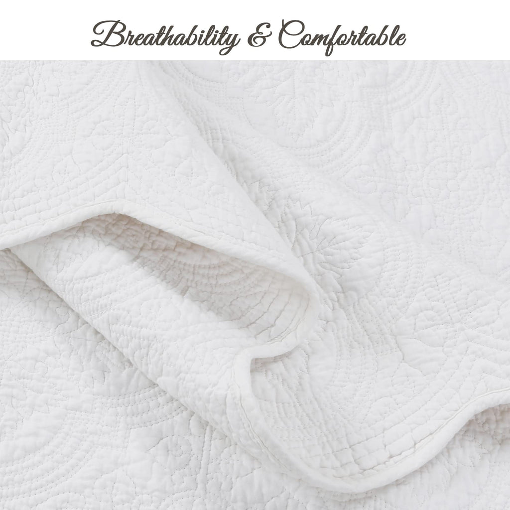 100% Cotton Victorian Medallion Solid White Matelasse Embossed Bedding Quilt Set, Reversible Lightweight Bedspread