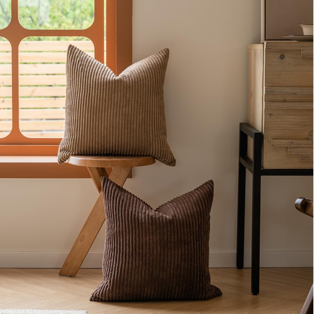 Decorative Corduroy Throw Pillow Covers 20x20 Inch Neutral Brown
