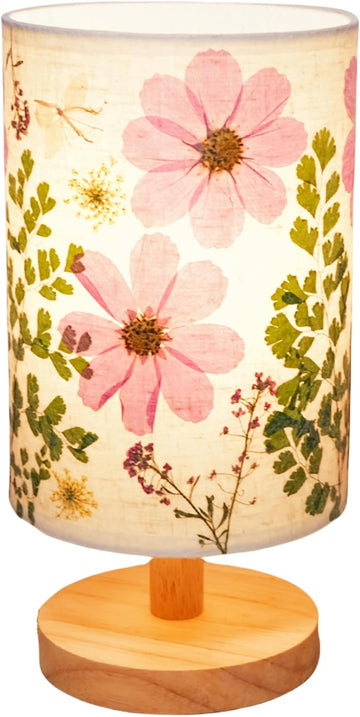 Dried Flowers Small Table Lamp 5W LED Color Bedside Lamp Pressed Flowers Lampshade with Wood Base Living Room Desk