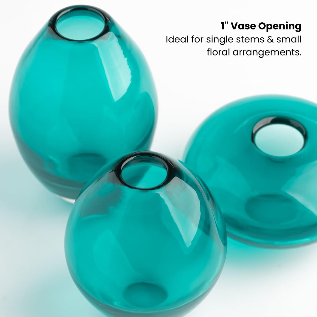 Blown Glass Teal Bud Vases - Hand Blown Turquise Vase Set & Clear Small Teal Vase for Flowers, Glass - Set of 3