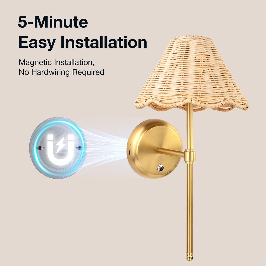 Battery Operated Boho Rattan Wall Sconce Set of 2, Stepless Dimming Magnetic Wall Lamp, 5200mAh Rechargeable Battery