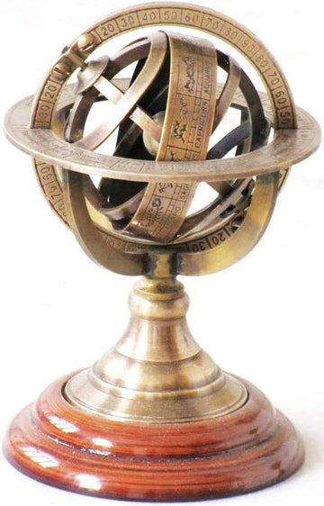 Brass Armillary Sphere Astrolabe On Wooden Base Maritime Nautical & Collectible