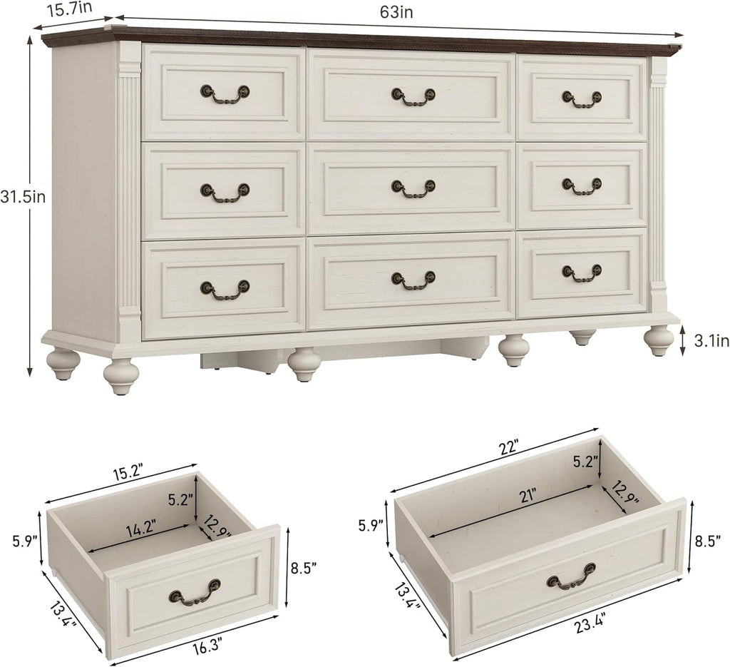 Farmhouse 9 Drawer with 6 Gourd Feet and Roman Column Decor, 63in Wide Wood Country Rustic Chest of Drawers, Storage