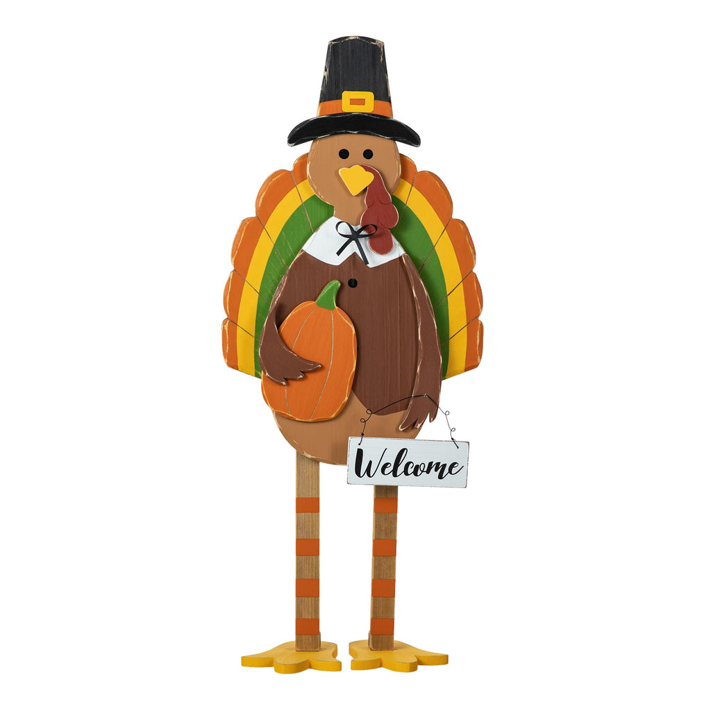 30'H Thanksgiving Wood Turkey Porch Sign, Farmhouse Turkey Pumpkin Welcome Standing Decor for Fall Harvest, Rustic