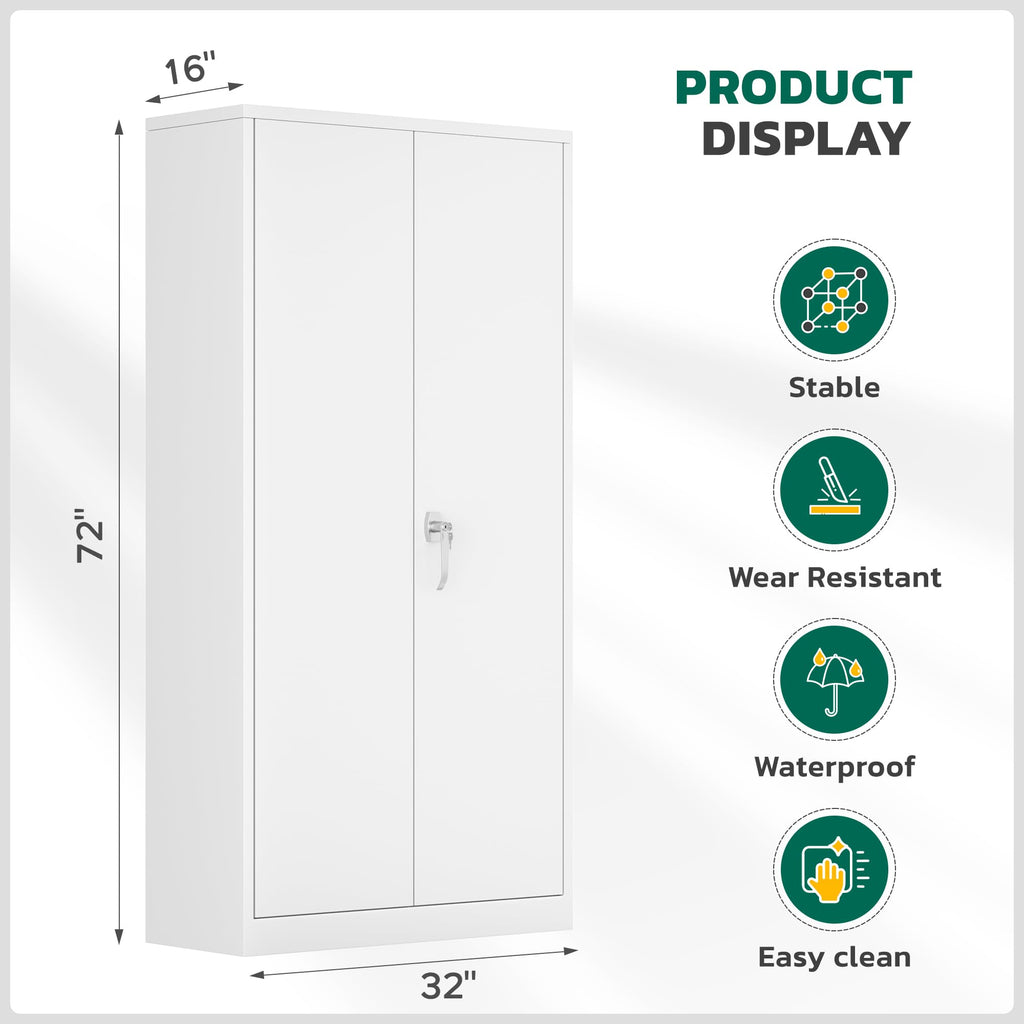 Metal Wardrobe Cabinet with Locking Doors, 72"H White Metal Wardrobe Closet with Hanging Rods and Adjustable Shelves