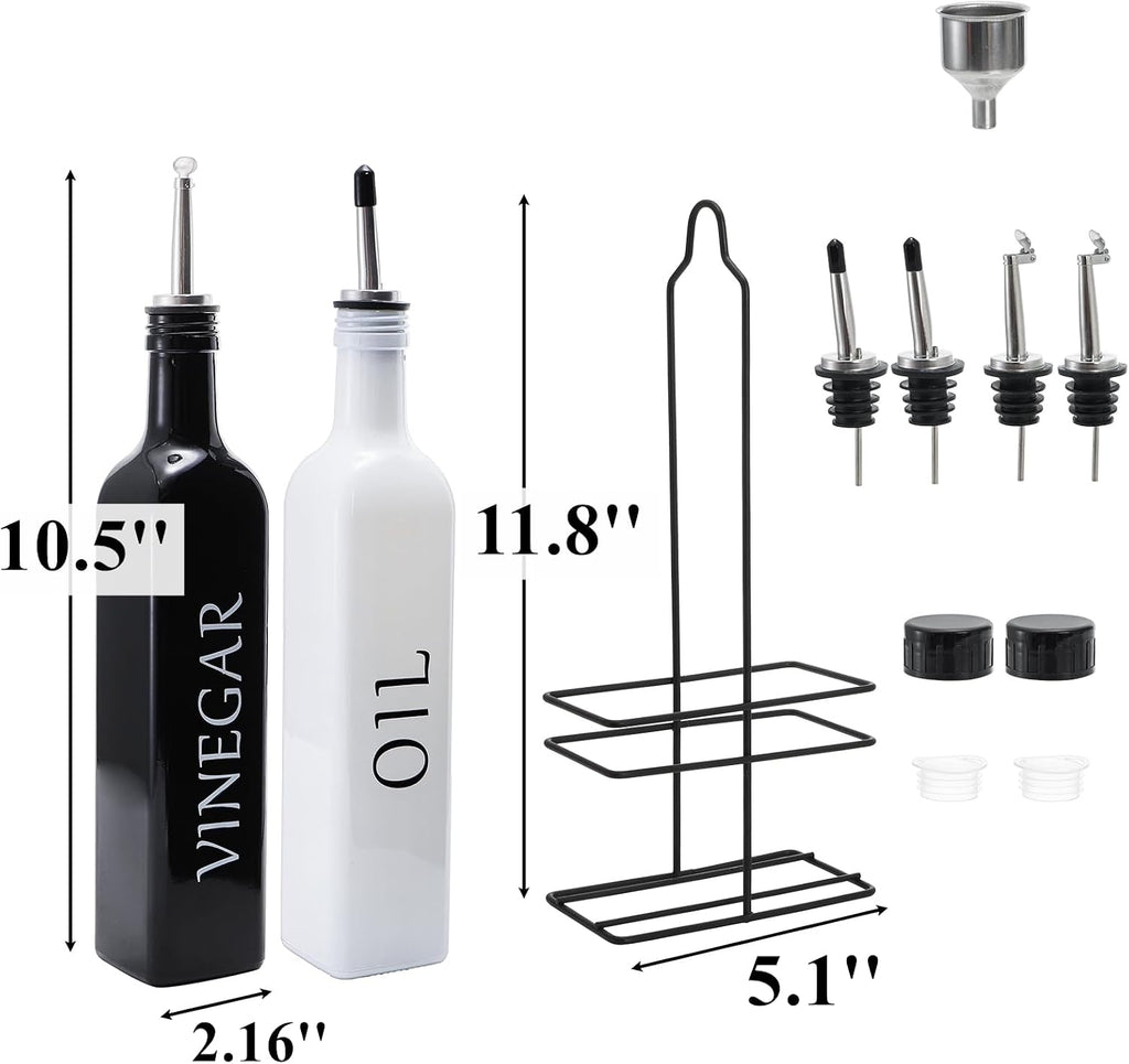 Oil and Vinegar Dispenser Set with Caddy Holder, 17oz Black & White Olive Oil Dispenser Bottle, Cute Modern - Set of 2