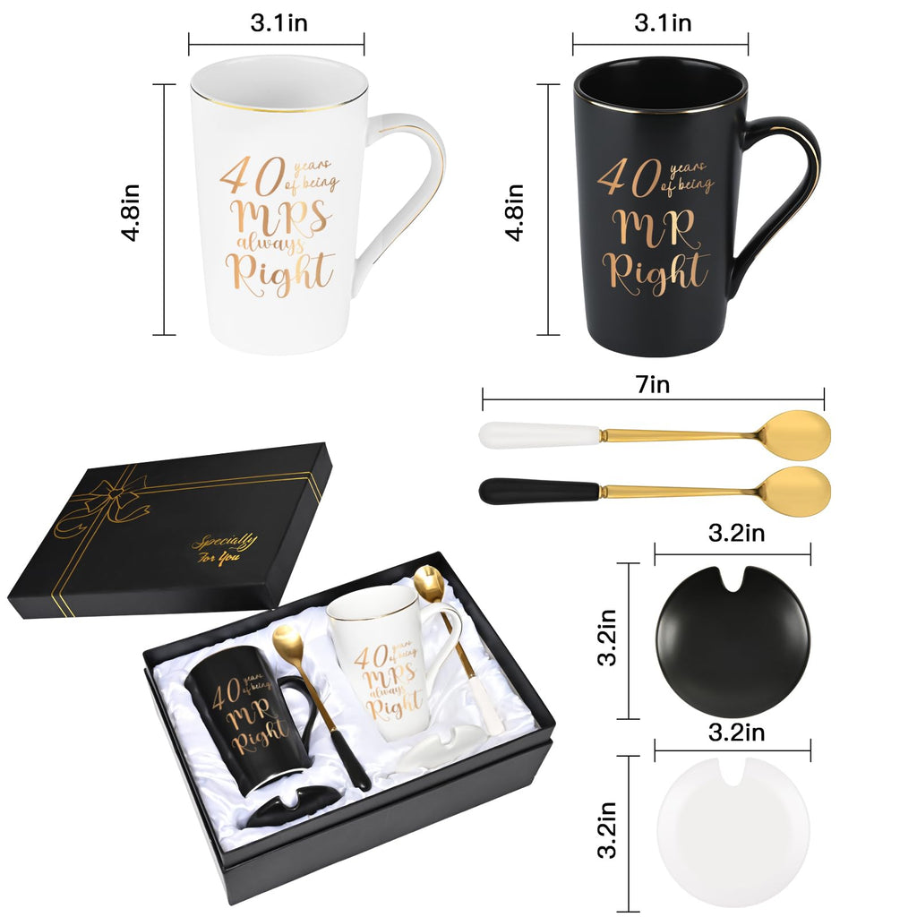40th Wedding Gifts, 40 Years of Being Mr & Mrs Always Right Mug Set 14Oz with Lids Spoons and Gift Box, Christmas